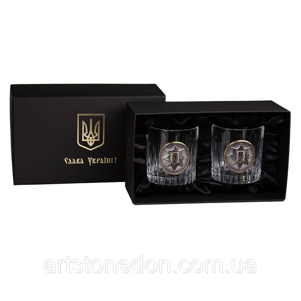 Кришталевий набір для віскі "Національна поліція" – 2 келихи 360 мл зі срібною емблемою, подарунок, фото 1