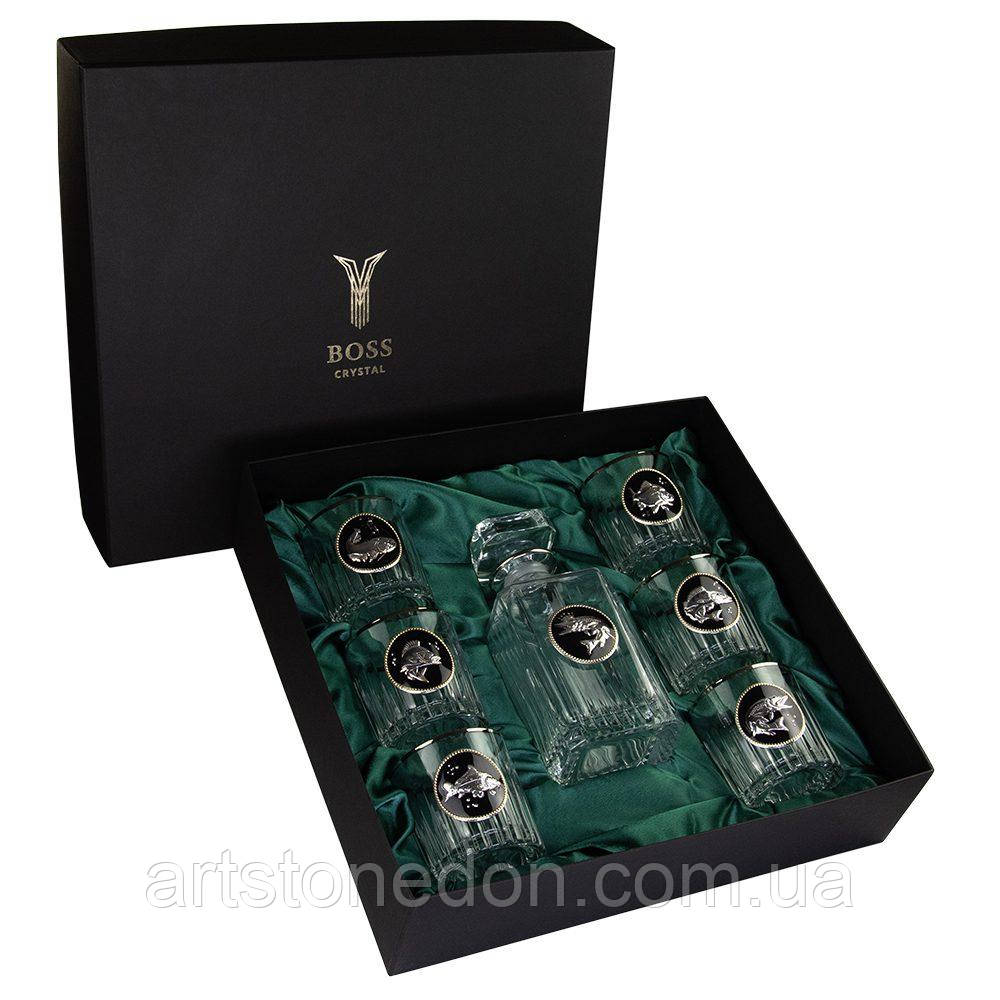 Набір для віскі "Goldfish" – графін 850 мл + 6 келихів, срібна рибка, кришталь з платиною, фото 1