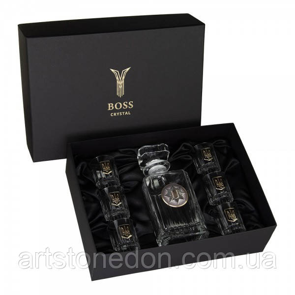 Горілчаний набір "Національна поліція Dark" – 7 предметів, срібна емблема НПУ, темна емаль, фото 1