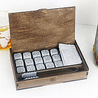 Подарунковий набір мармурових сірих каменів 20*20 мм 15 шт для охолодження віскі в дерев'яній коробці