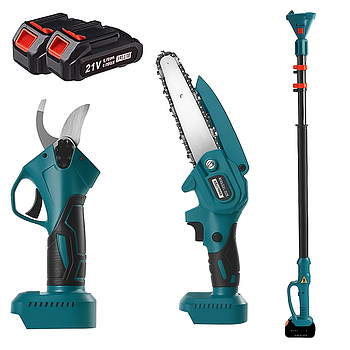 Набір акумуляторних інструментів 3в1 + 2 АКБ, 21В / Акумуляторна пила зі штангою / Акумуляторний секатор