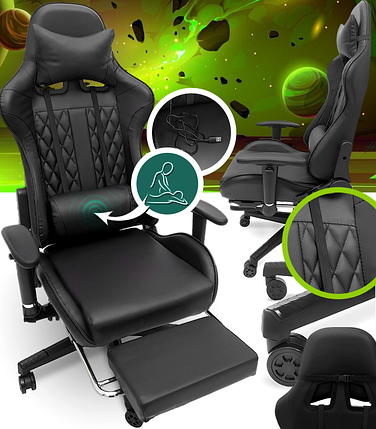 Геймерське комп'ютерне крісло з масажером, ергономічними подушками та підставкою для ніг, Чорний (G901), фото 1