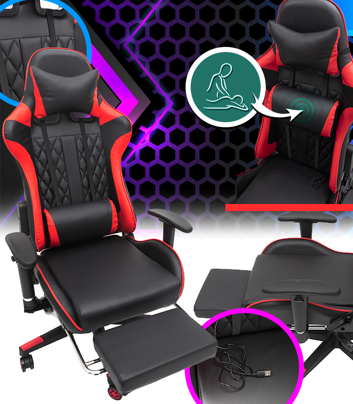 Геймерське комп'ютерне крісло з масажером, ергономічними подушками та підставкою для ніг, Чорний/Червоний (G899)
