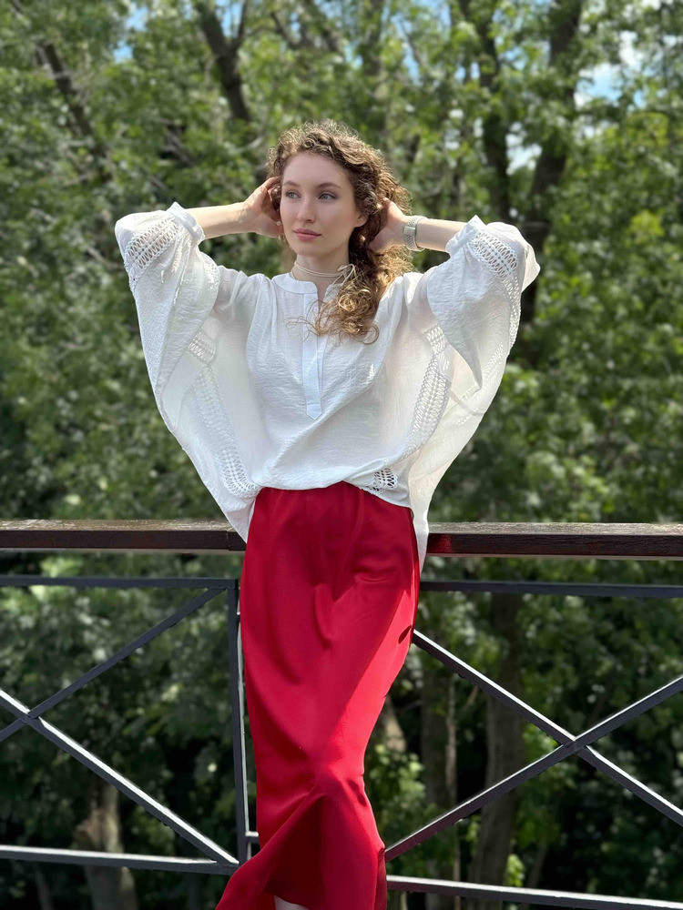 Блуза біла з мереживом вільного крою MKNK3031/1-2, фото 1