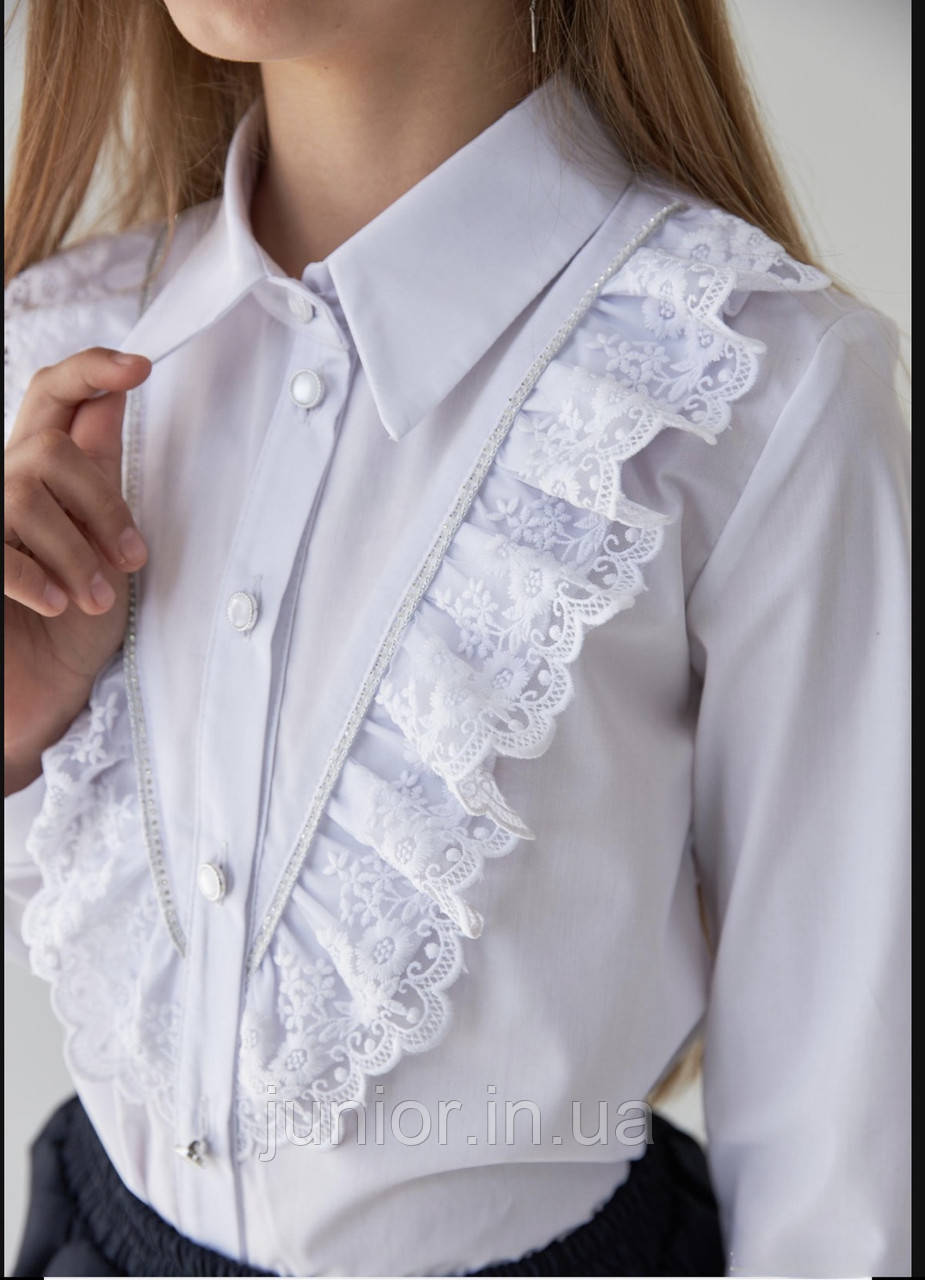 Біла Бавовняна Блуза з Воротником Ошатна Блузка для Школи (122-134р), фото 1