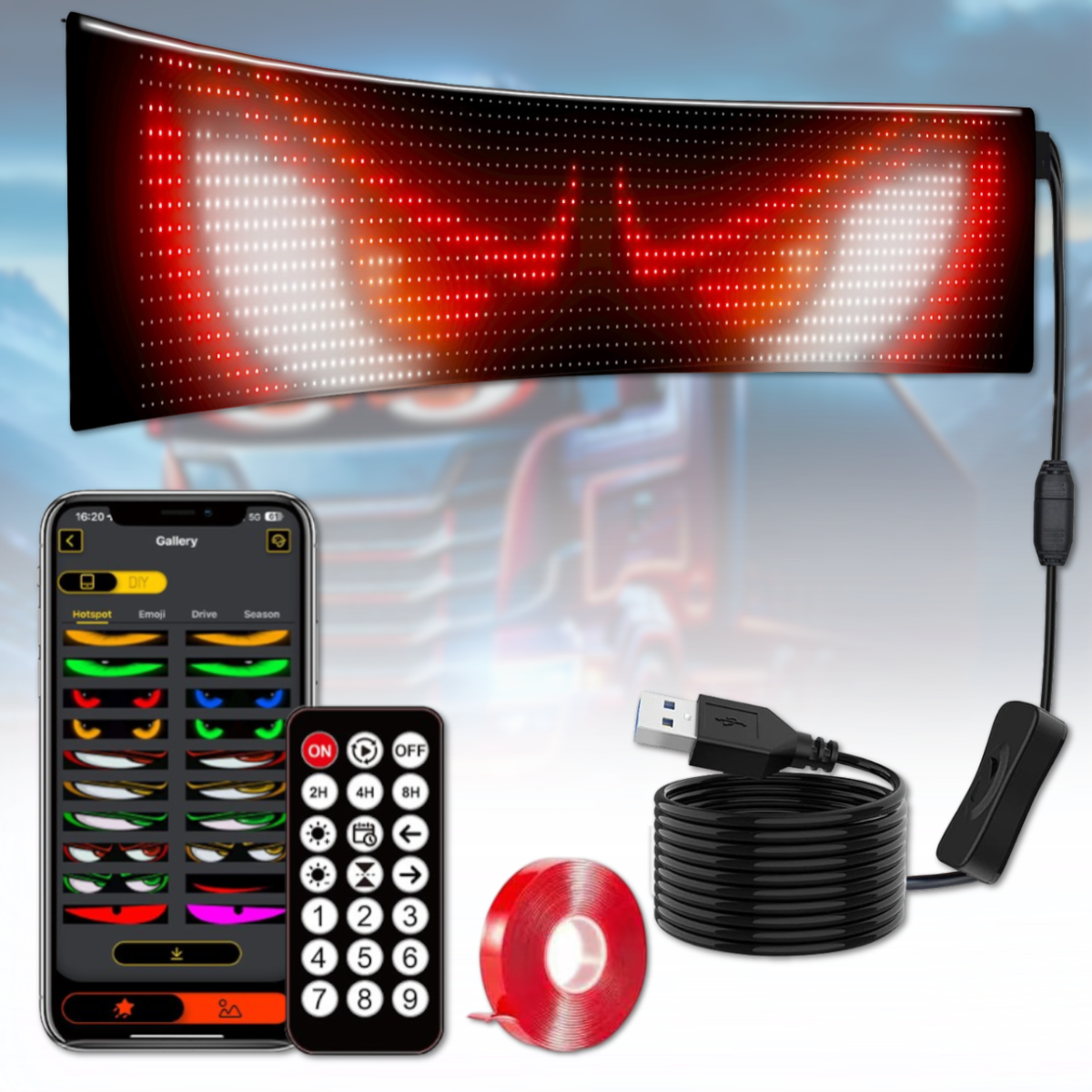 Гнучкий світлодіодний екран 102x378 мм з пультом та Bluetooth LED EYES 20x64, фото 1