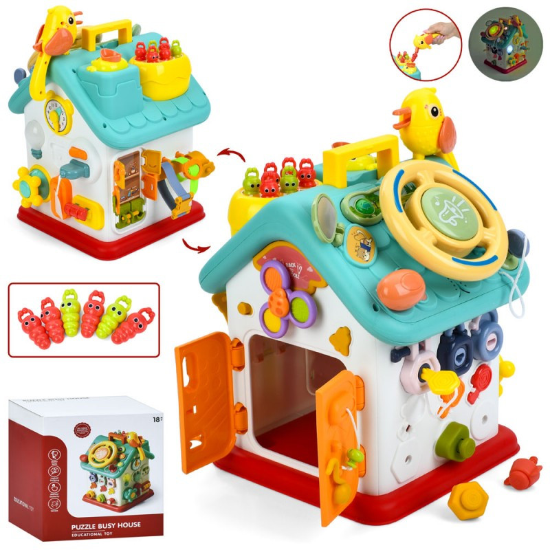 Гра бізібудинок YL515, кермо, замки +ключі, спінер, годинник, двері із засувами, гра Нагодуй пташку, музика, фото 1