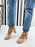 Бежеві замшеві туфлі на стійких підборах ремінець 34 35 36 розмір, фото 9