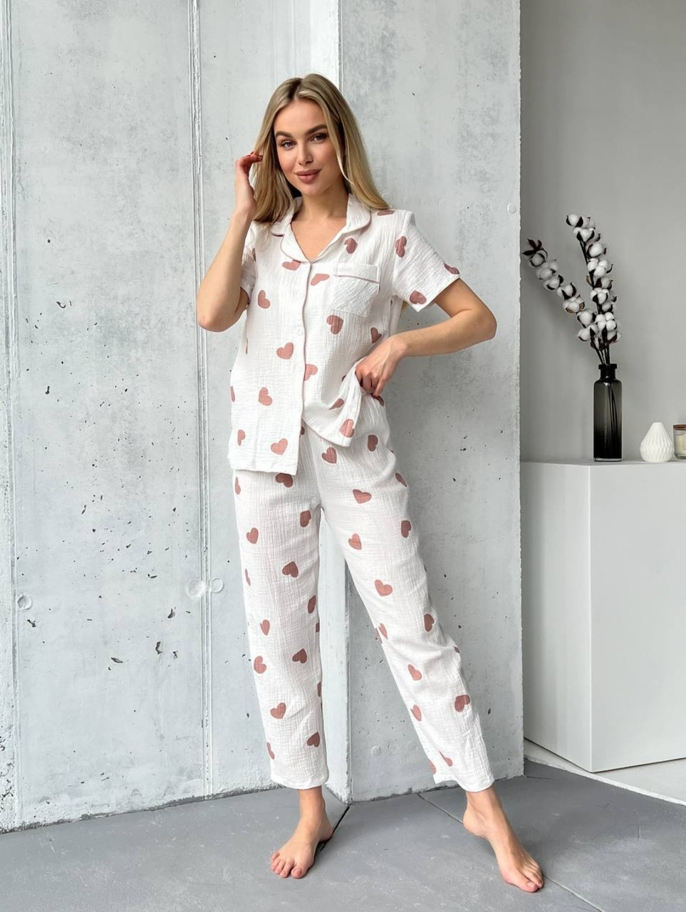 Піжама муслінова з сердечками жіночий комплект для сну з мусліну, фото 1