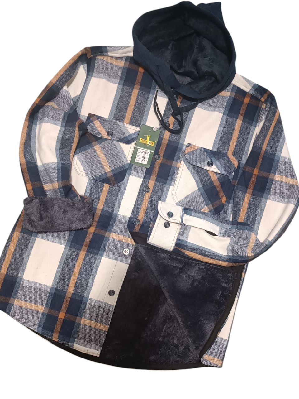 Сорочка-куртка з капюшоном Hetai vd-2001 на хутрі картата, тепла чоловіча сорочка на зиму класична