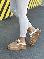 Бежеві уги без п'яти замшеві на хутрі на потовщеній підошві 36 37 38 39 40 41