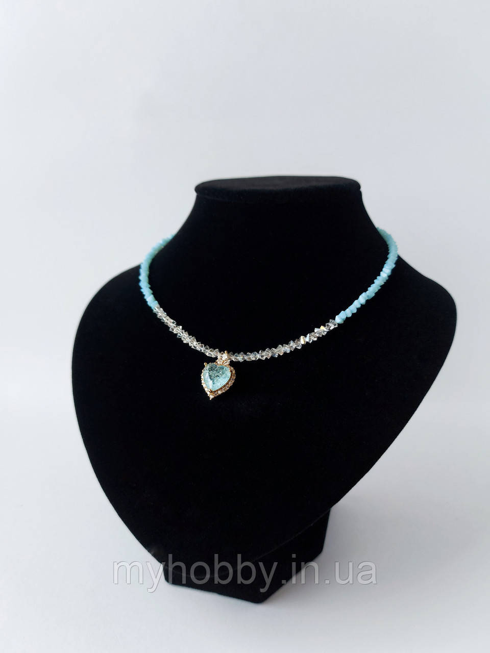 Чокер з кришталевих намистин трикутних блакитно-прозорий з Серцем  ,довжина 40см +5см подовжувач, фото 1