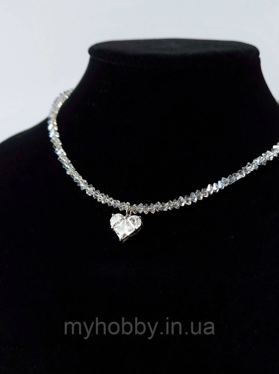 Чокер з кришталевих намистин прозорий з підвіскою Серце ,довжина 37см +5см подовжувач, фото 1