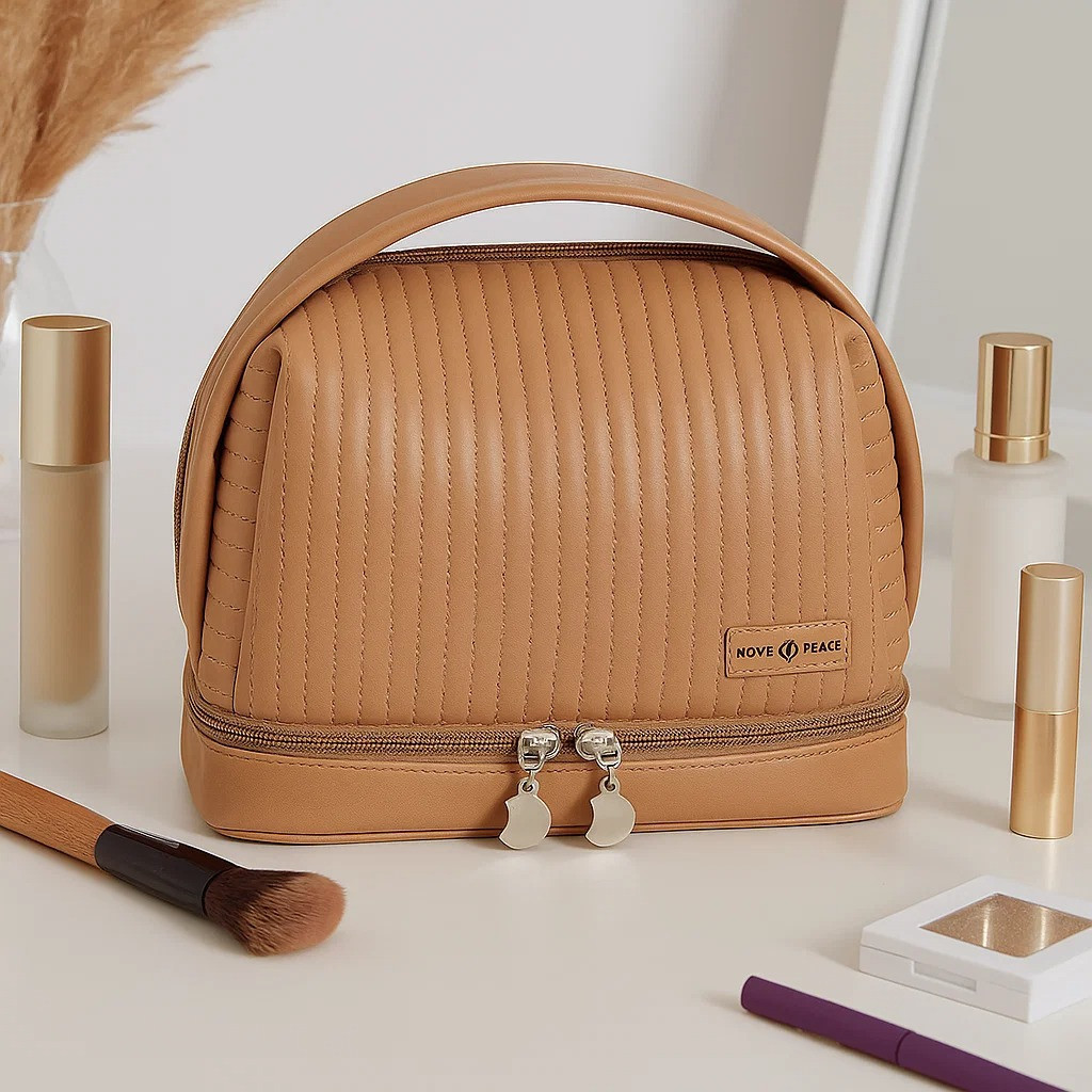 Косметичка для приладдя зі штучної шкіри для макіяжу, коричнева 4945263