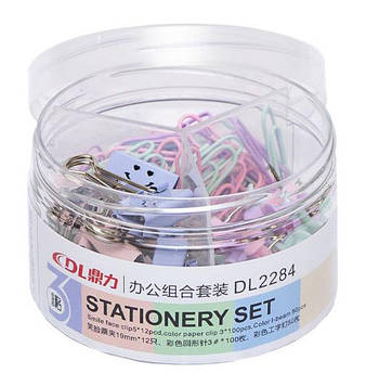 Канцелярський набір асорті, біндери 19 мм кольорові 12 шт, скріпки канцелярські 100 шт, кнопки цвяхи 50 шт