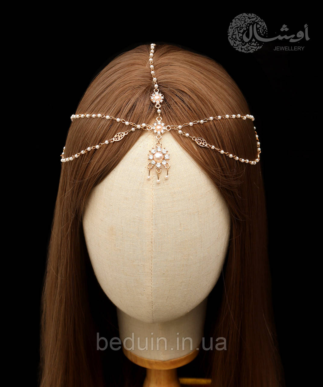 Вишукана тика, прикраса на голову з перлин "Sultana" тіара — золотиста Aushal Jewellery