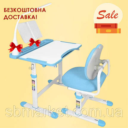 Дитяча парта + стілець для школярів Cubby Vivo Blue з настільною лампою та підставкою для книг дітям від 5 до 14 років, фото 1