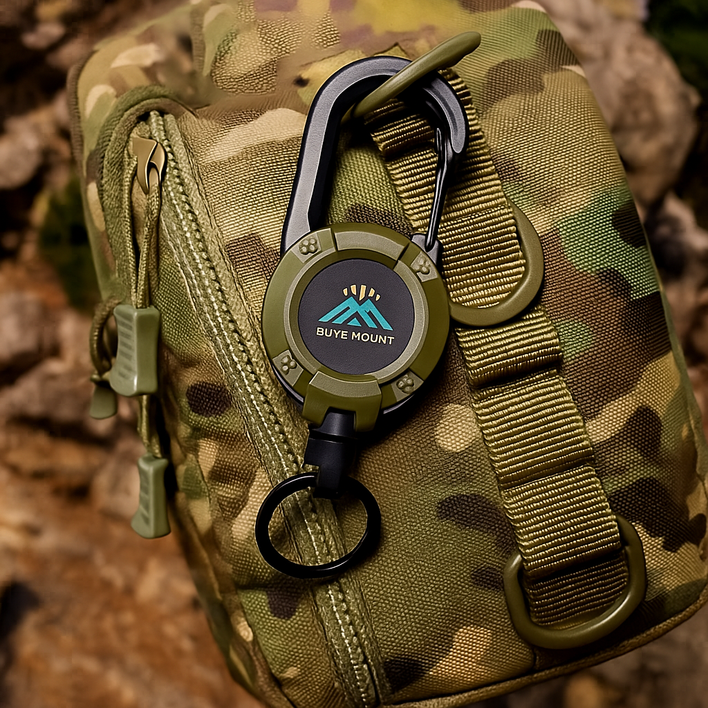 Брелок-карабін ретрактор Buye Mount з тросом 65 см. Тактичний карабін універсальний, фото 1