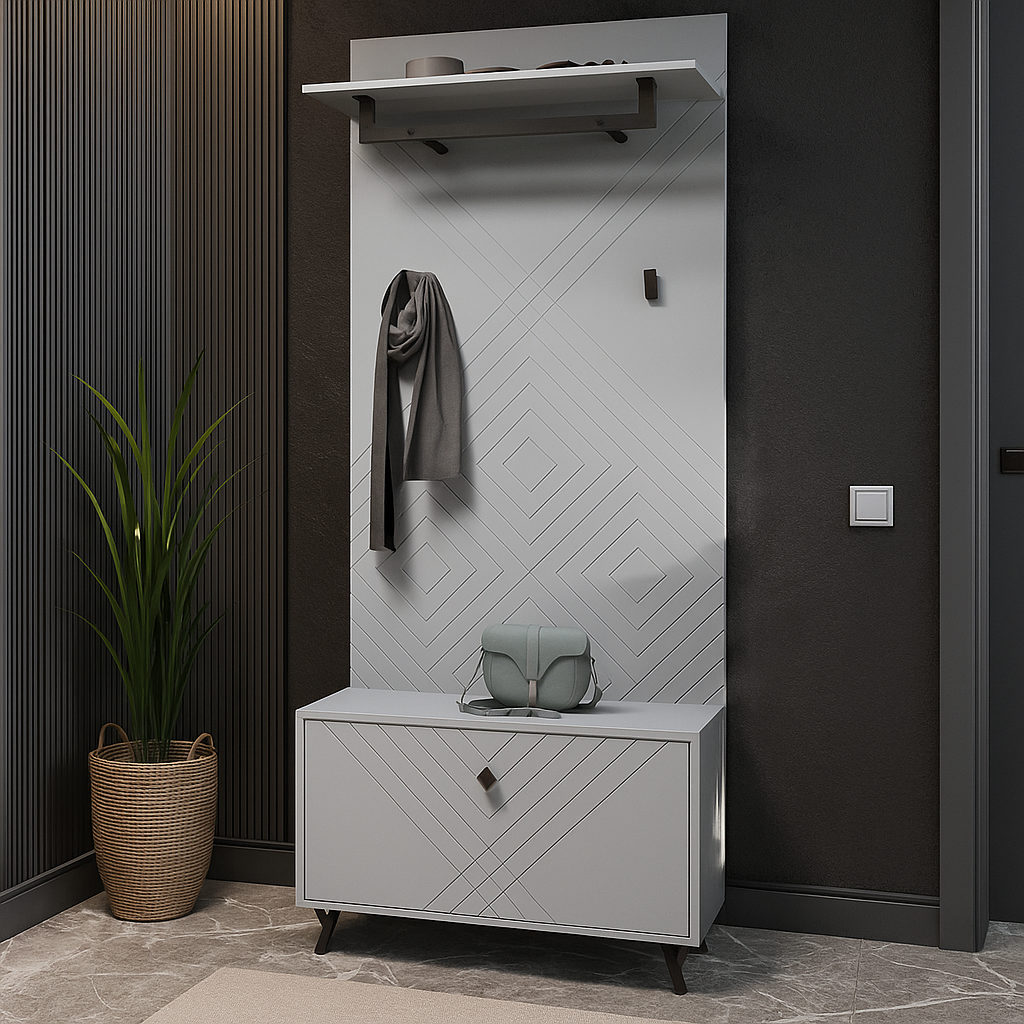Сучасна сіра вузька тумба для взуття з вішалкою для одягу 80 см на ніжках в передпокій коридор Камео Сокме, фото 1