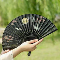 Ручний віял чорний Журавлі та сакура