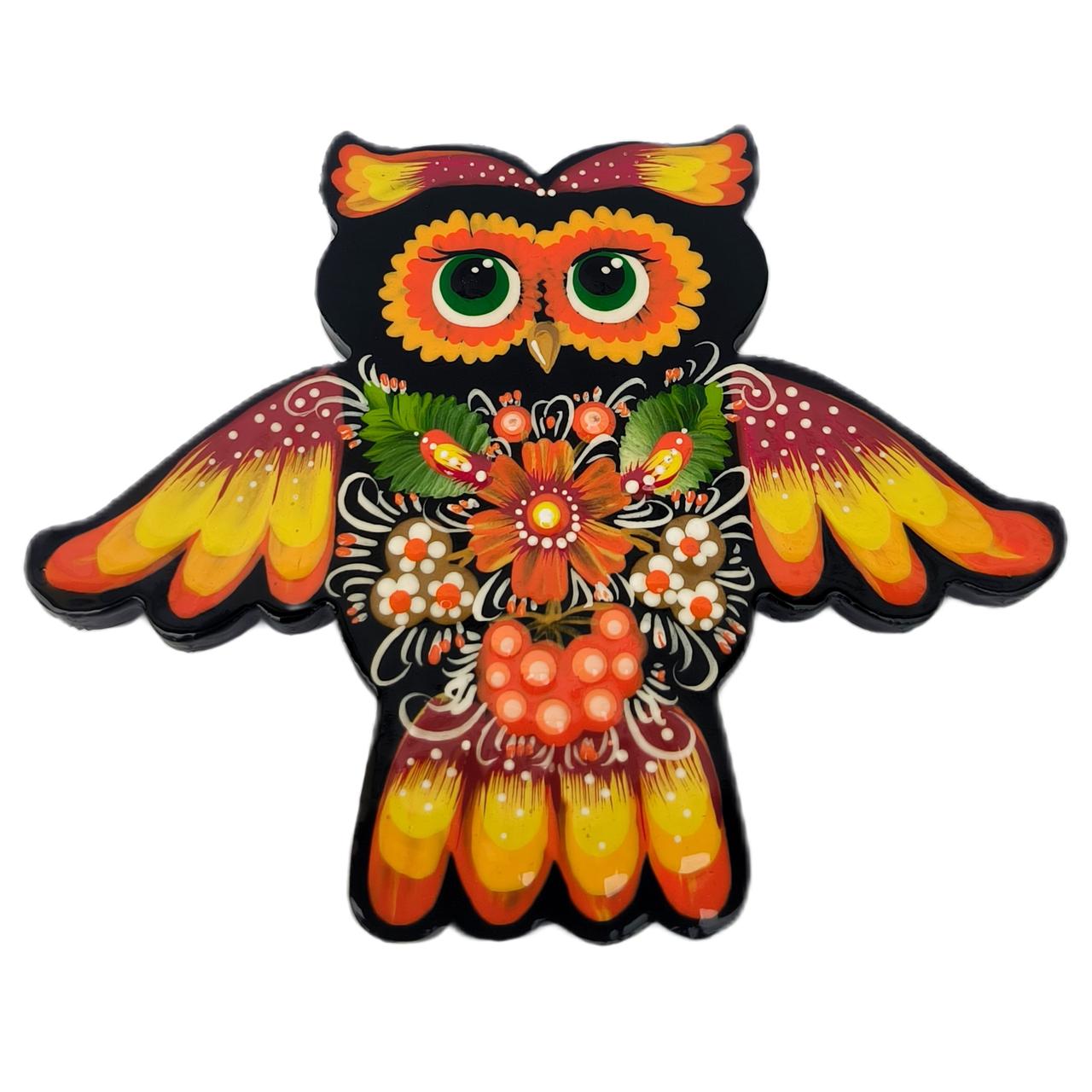 Дерев'яний магніт "Сова, жовта" 8*10 см., з петриківським розписом, ручної роботи.