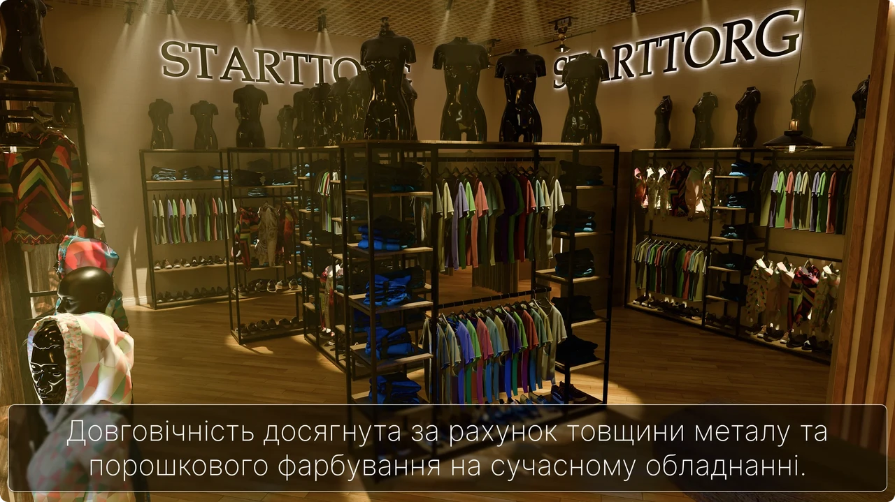 Візуалізація торгового обладнання для бутика одягу, взуття та аксесуарів Візуалізація торгового обладнання для бутика одягу, взуття та аксесуарів