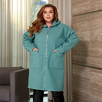 Теплий вовняний жіночий кандиган баранчик з капюшоном для повних жінок фісташка подовжений кардіган 52-66