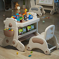 Дитячий стіл зі стільцем. Столик для творчості та ігор з основою для конструктора, мольбертом, пісочницею, книжковою полицею