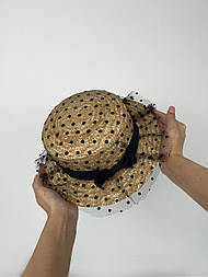Річна капелюх жіночий з плетеної соломи з чорною сіткою в горошок зверху 8307322
