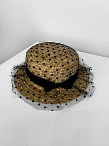 Річна капелюх жіночий з плетеної соломи з чорною сіткою в горошок зверху 8307322