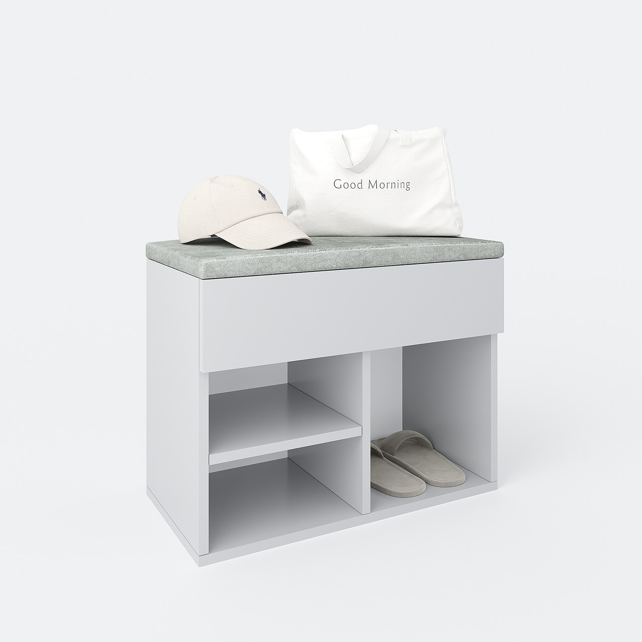 Банкетка з м’яким сидінням та відкритими полицями в передпокій 485х600х320 мм Сірий, фото 1