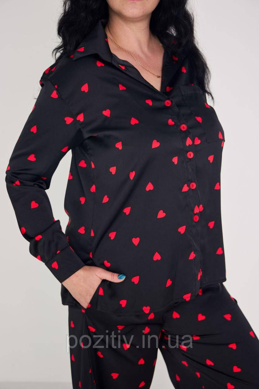 Жіночий сатиновий комплект «Червоні серця» — сорочка та штани палаццо, фото 1