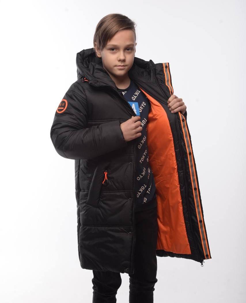 Підліткова зимова куртка на хлопчика чорна пуховик теплий з капюшоном 152-170р