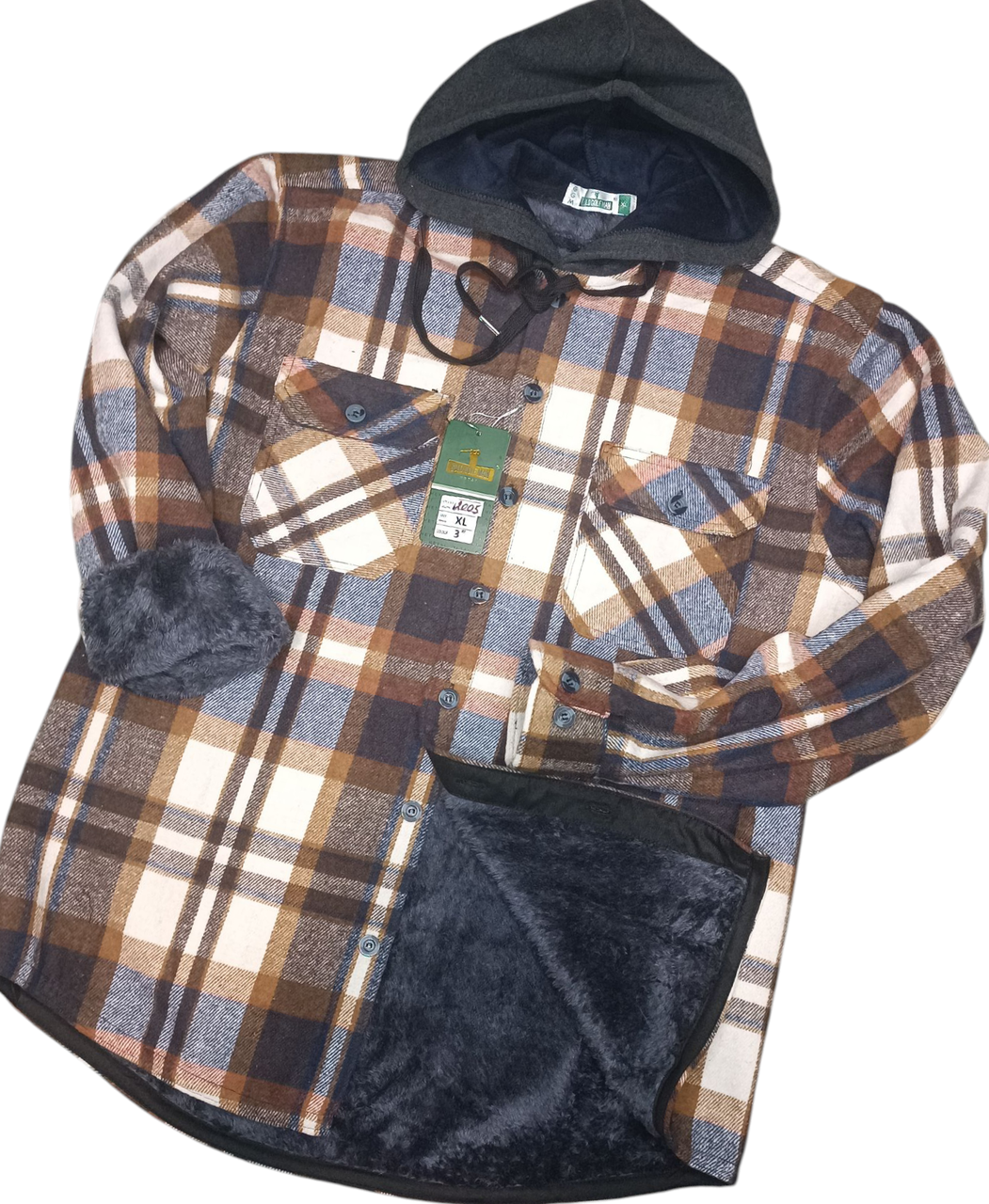 Сорочка-куртка з капюшоном Hetai vd-2005 на хутрі картата, тепла чоловіча сорочка на зиму класична 5XL