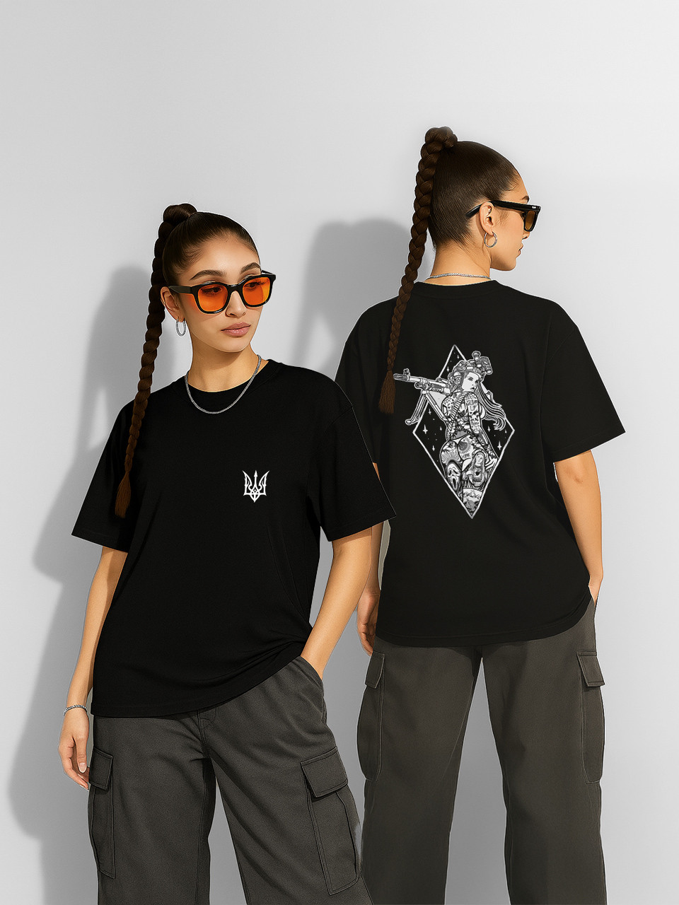 Футболка оверсайз Hot Ukrainian warrior girl Дівчина Спецпризначинець Guns UP Чорна Жіноча S, фото 1