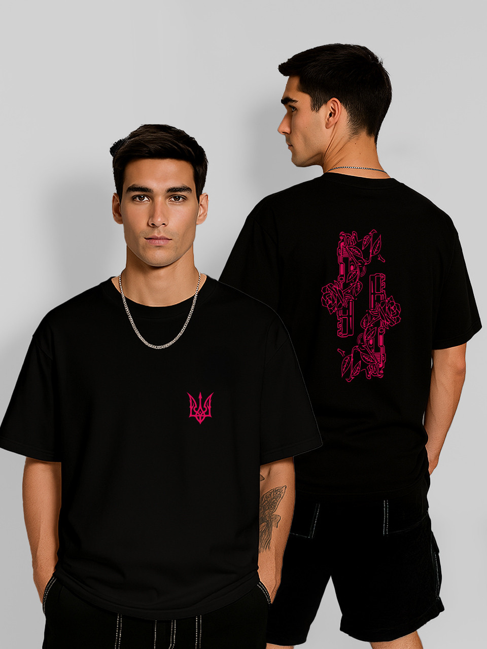 Футболка оверсайз Пістолети в квітках (Герб України) Чорна Чоловіча S