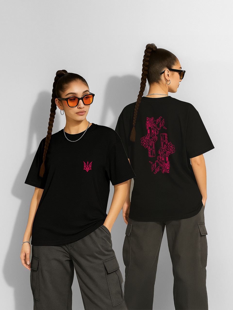 Футболка оверсайз Пістолети в квітках (Герб України) Чорна Жіноча S