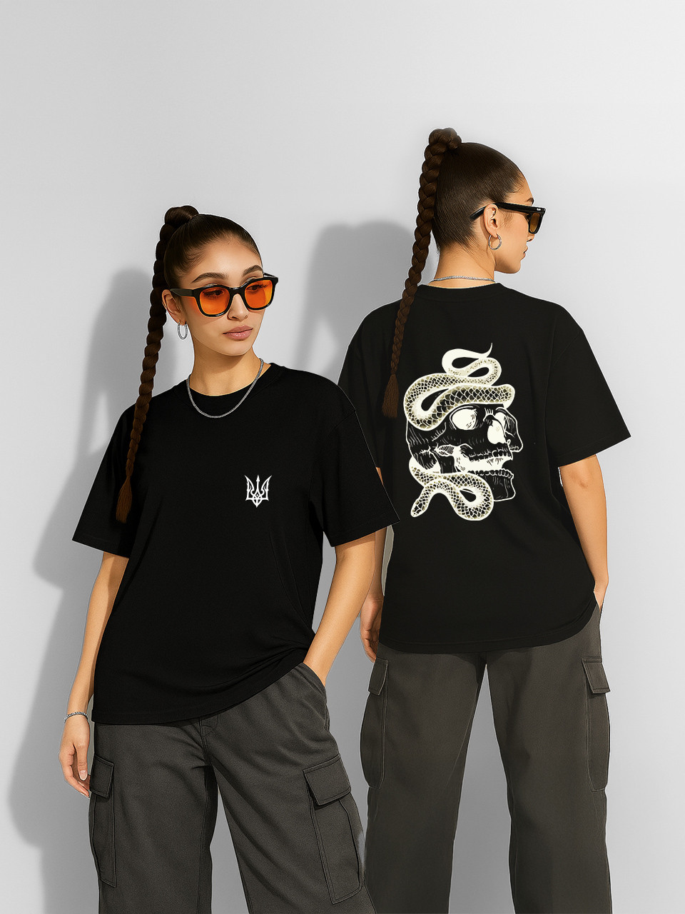 Футболка оверсайз Змія на черепі (Snake & Skull UA edition) Чорна Жіноча S