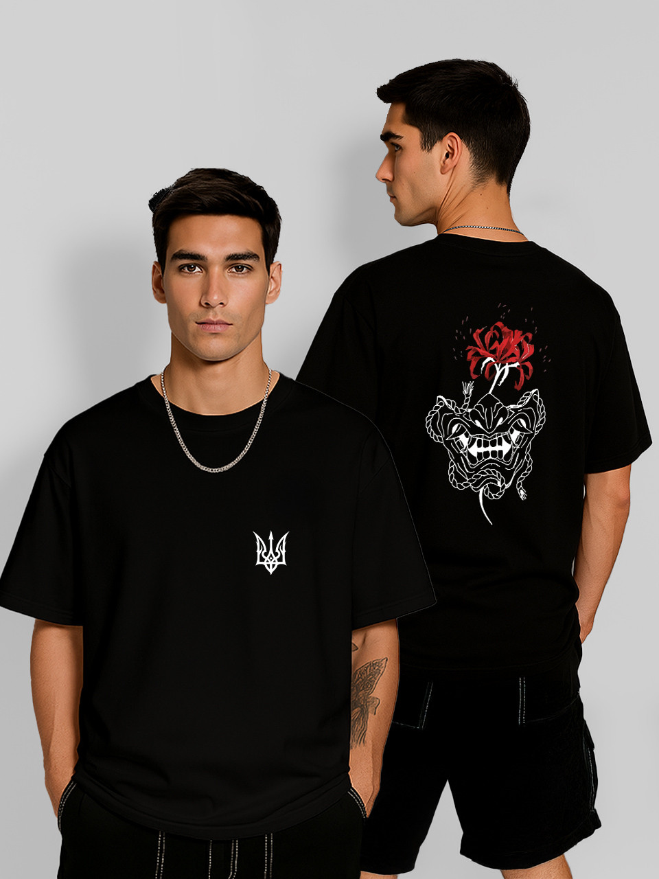 Футболка оверсайз Японська маска з квіткою Чорна Чоловіча S
