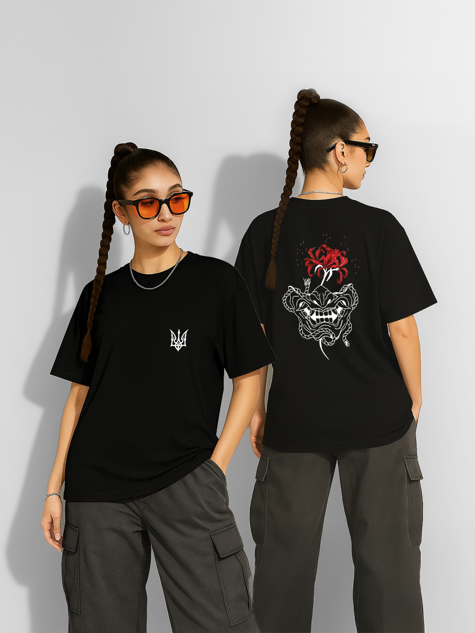Футболка оверсайз Японська маска з квіткою Чорна Жіноча S