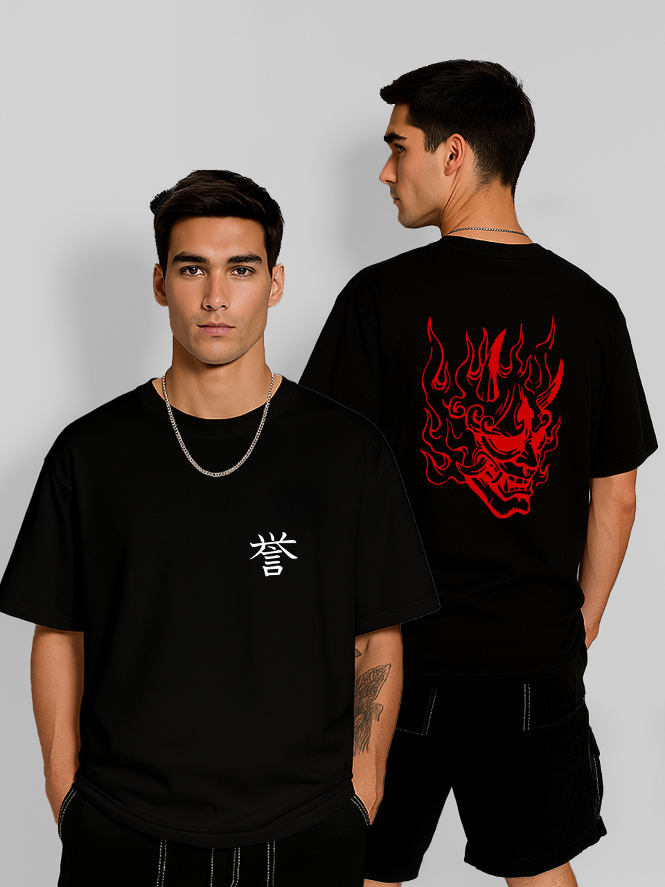 Футболка оверсайз Палаюча маска японського демона Оні Чорна Чоловіча S, фото 1