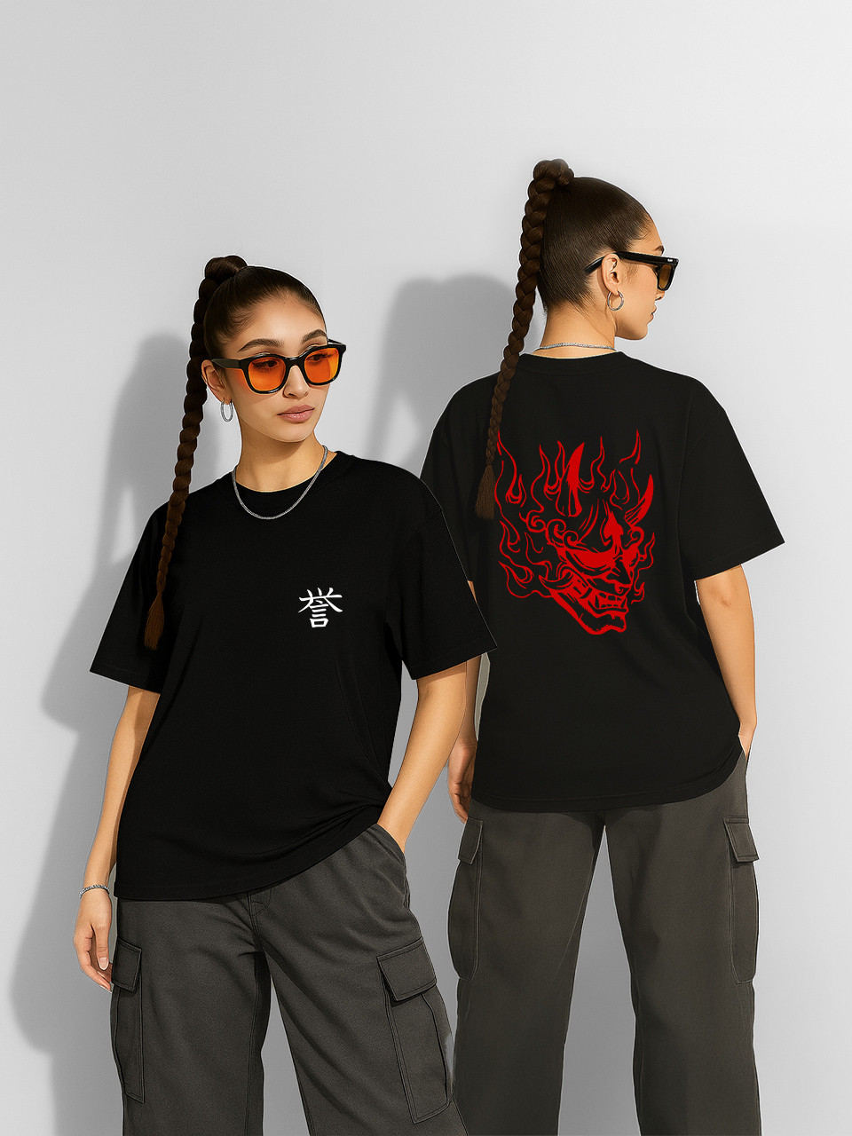 Футболка оверсайз Палаюча маска японського демона Оні Чорна Жіноча S, фото 1