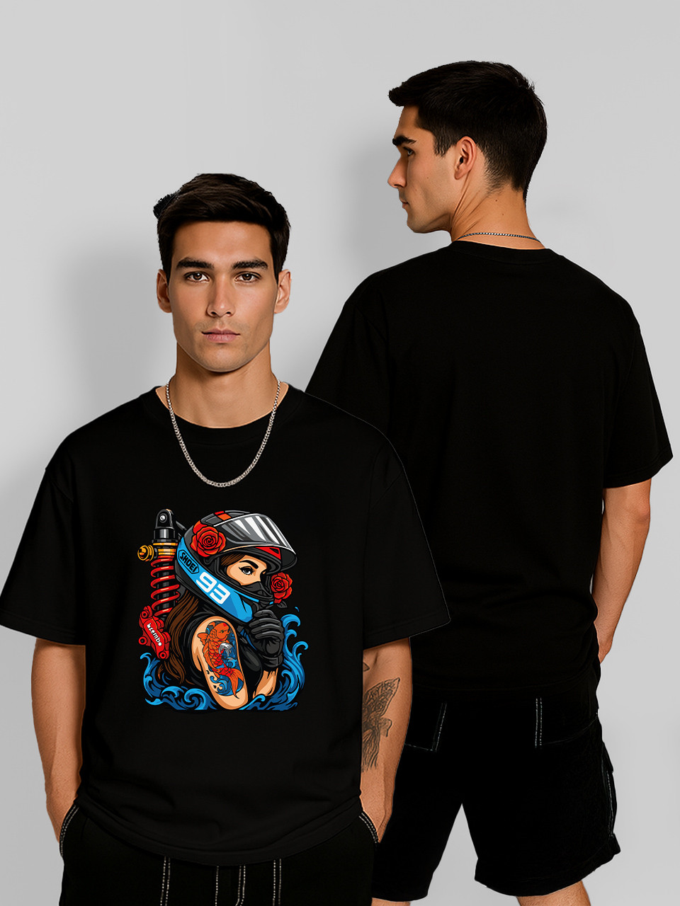 Футболка оверсайз Дівчина байкер Чорна Чоловіча S, фото 1