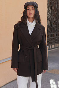 Пальто жакет кашемірове демісезонне жіноче з поясом шоколадне