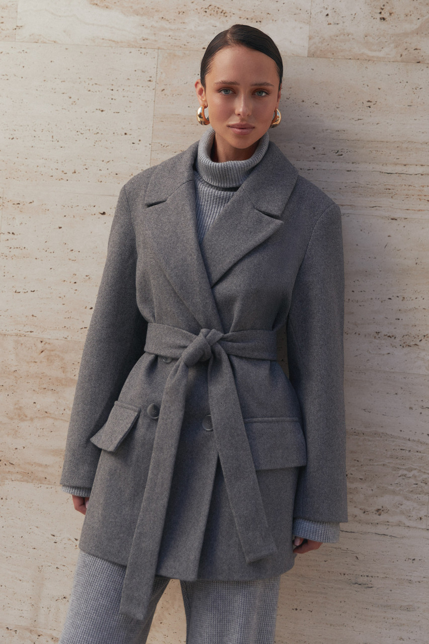 Пальто жакет кашемірове демісезонне жіноче з поясом сіре, фото 1