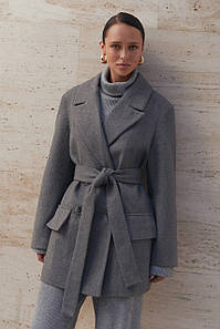 Пальто жакет кашемірове демісезонне жіноче з поясом сіре