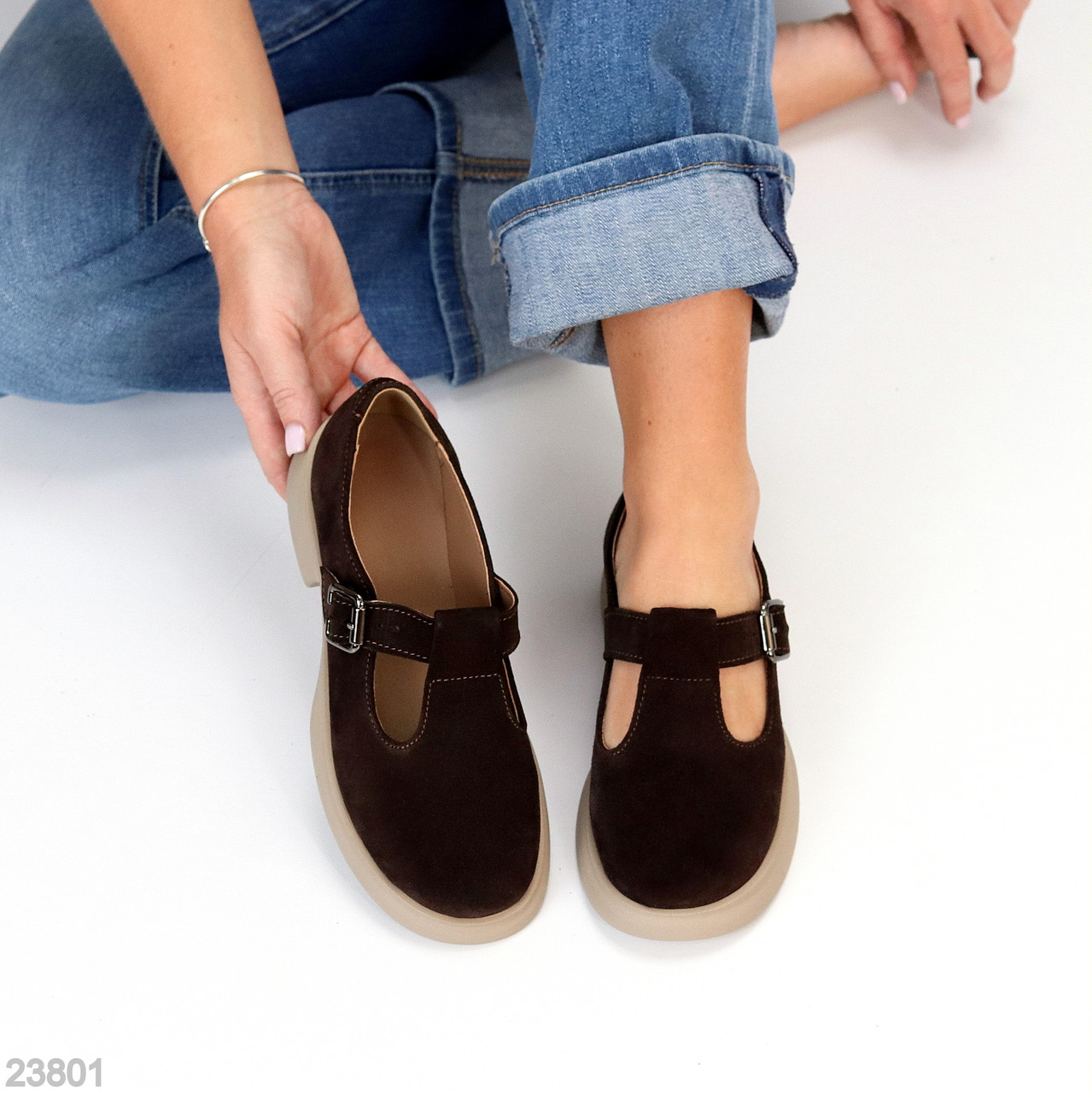 Замшеві демі туфлі на ремінці натуральна замша низький хід колір Шоколад, фото 1