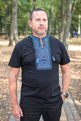 Чоловіча футболка-вишиванка Kosar чорна з синьою вишивкою, S,Чорний з синім