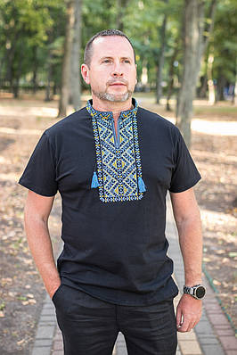 Чоловіча футболка-вишиванка темно-синя з жовто-блакитною вишивкою, Kosar ,L,Темно-синій