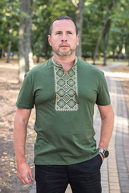 Чоловіча футболка-вишиванка Kosar с натуральною вишивкою, бавовна,XXL,Хакі